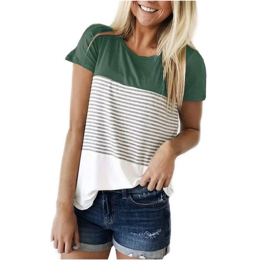 Triple color block short sleeve T-shirt, green/white/gray stripes, Size XL